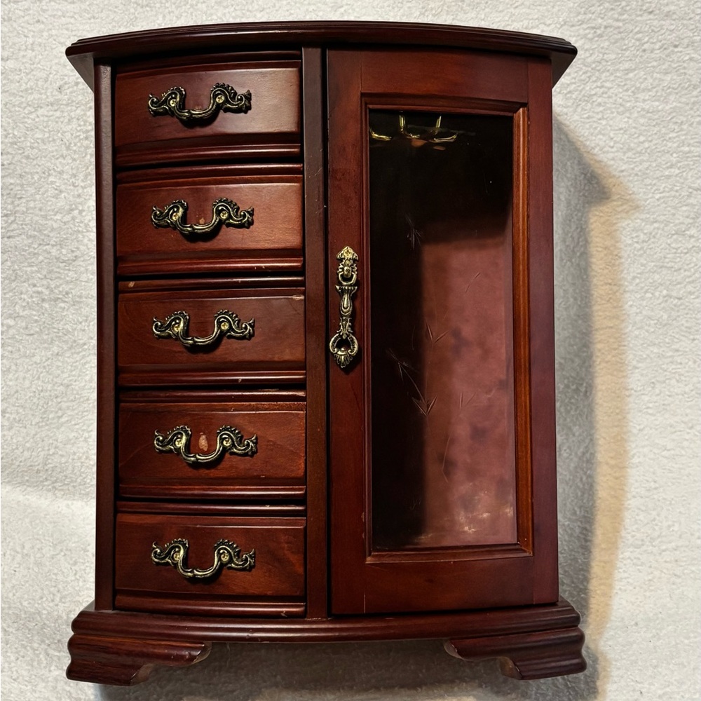 Vintage Classic Cherry Wood Jewelry Armoire with Glass Door